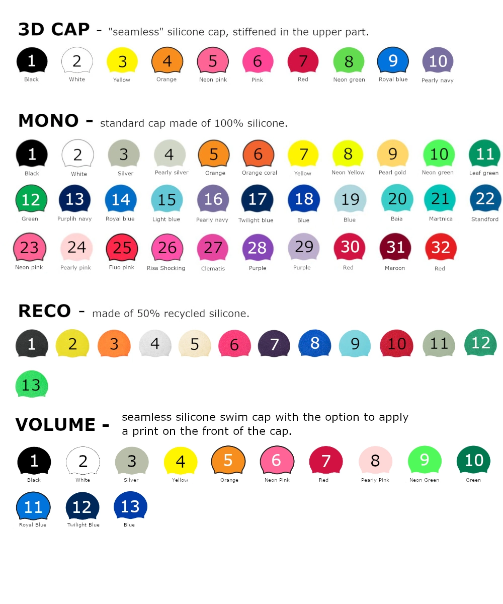 Available models and colors of swim caps for printing