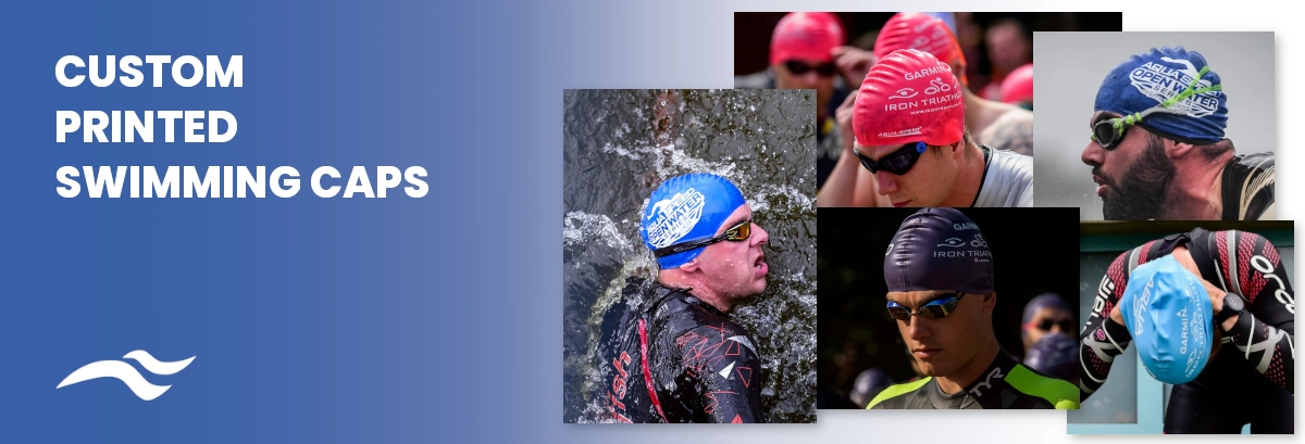 Banner informing about personalized caps with examples from swimming events